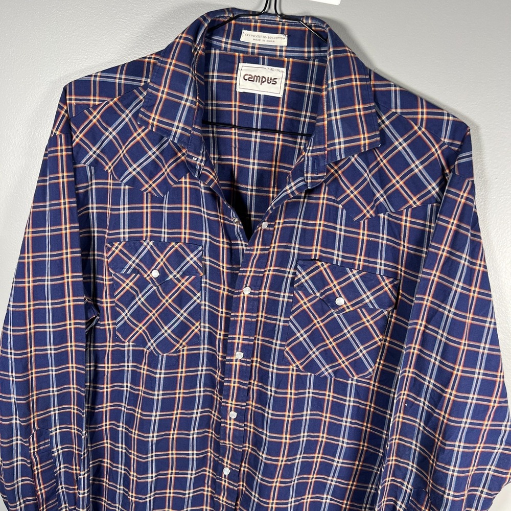True Vintage Campus Shirt Mens XL Blue Plaid Pearl Snap Long Sleeve Western 70s